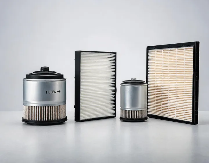 K&N oil, air, fuel, and cabin filter set on a clean service counter